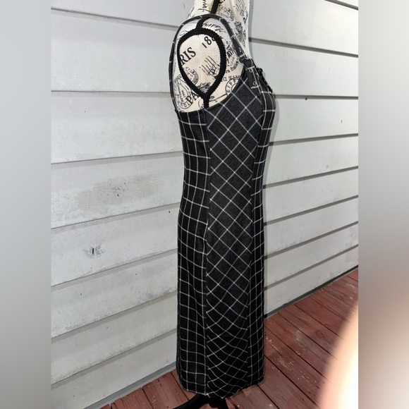 A.U.W black with white plaid and buckle straps midi dress w/ slit• NWOT• Size: S - Picture 2 of 9